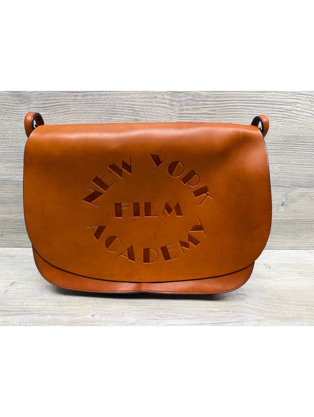 New York Film Academy Brown Leather Messenger Bag with Adjustable Strap